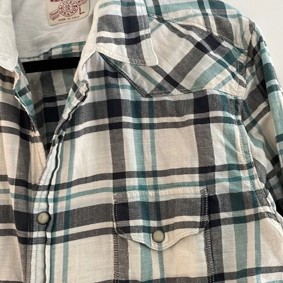 Men's Plaid Button-Up Shirt in White and Teal - Picture 3 of 5